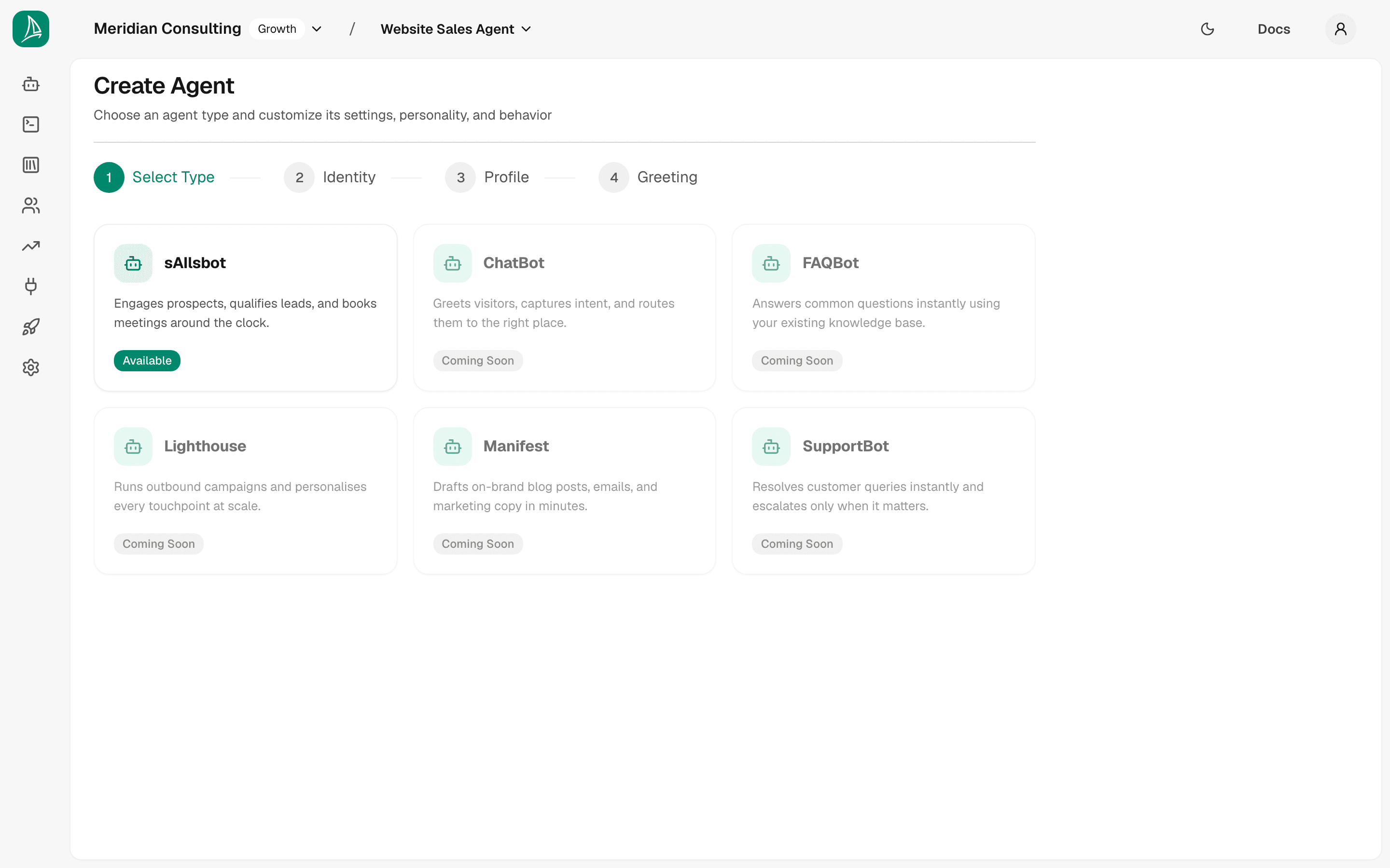 Create Agent — Step 1: select type