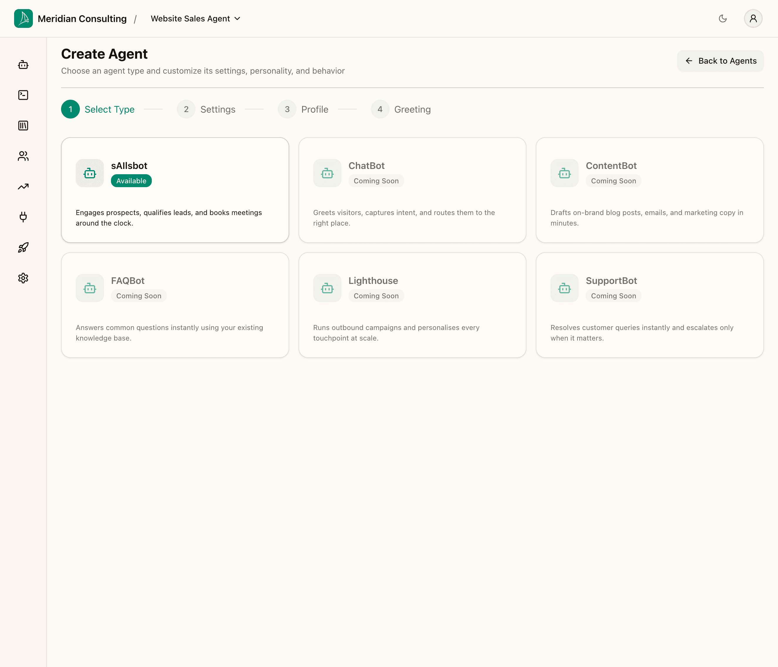 Create Agent — Step 1: select type