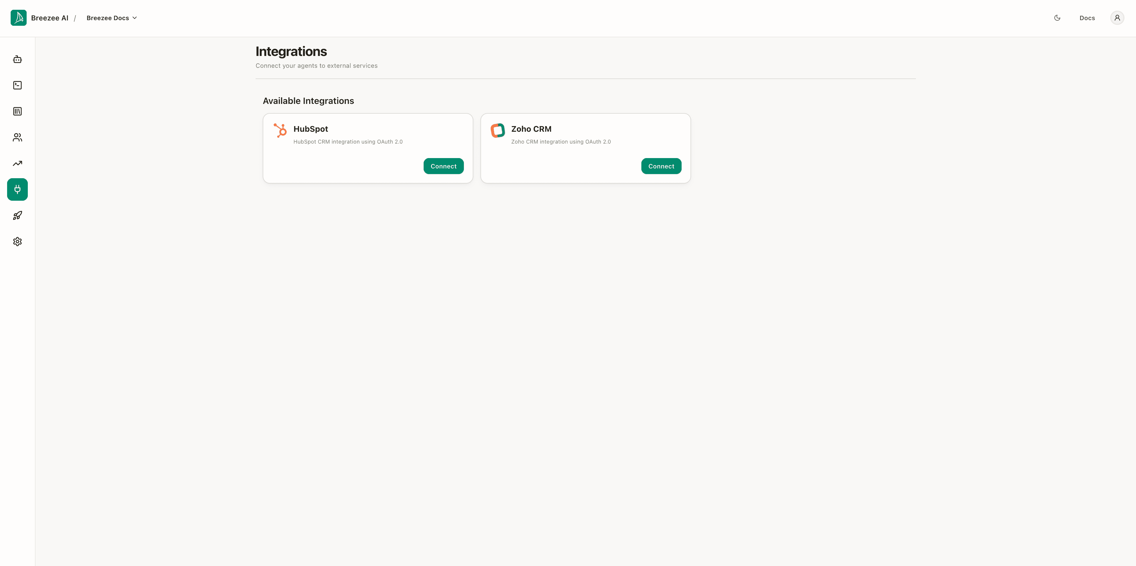 Integrations list — HubSpot and Zoho CRM available