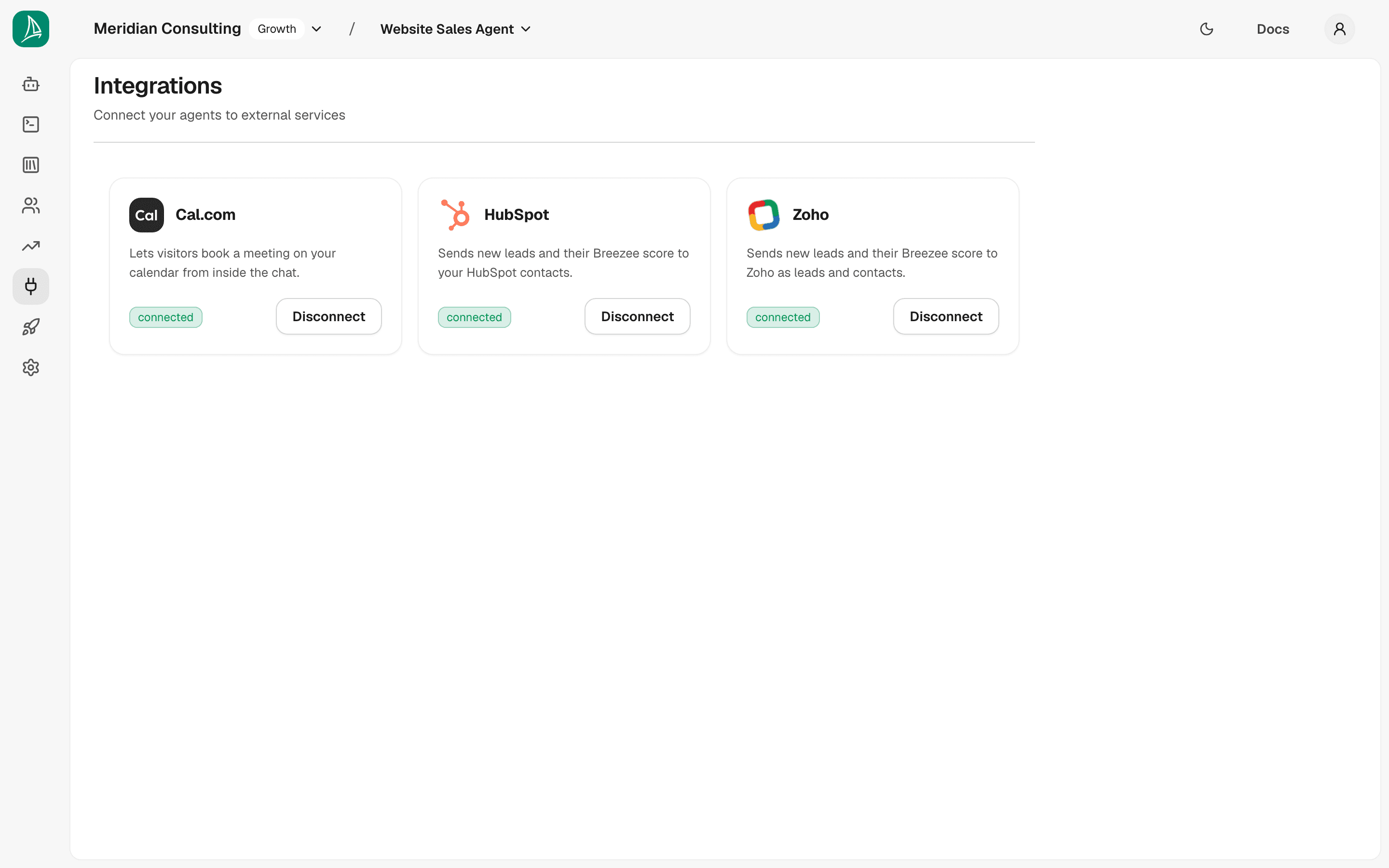 Integrations list — HubSpot, Zoho and Cal.com available