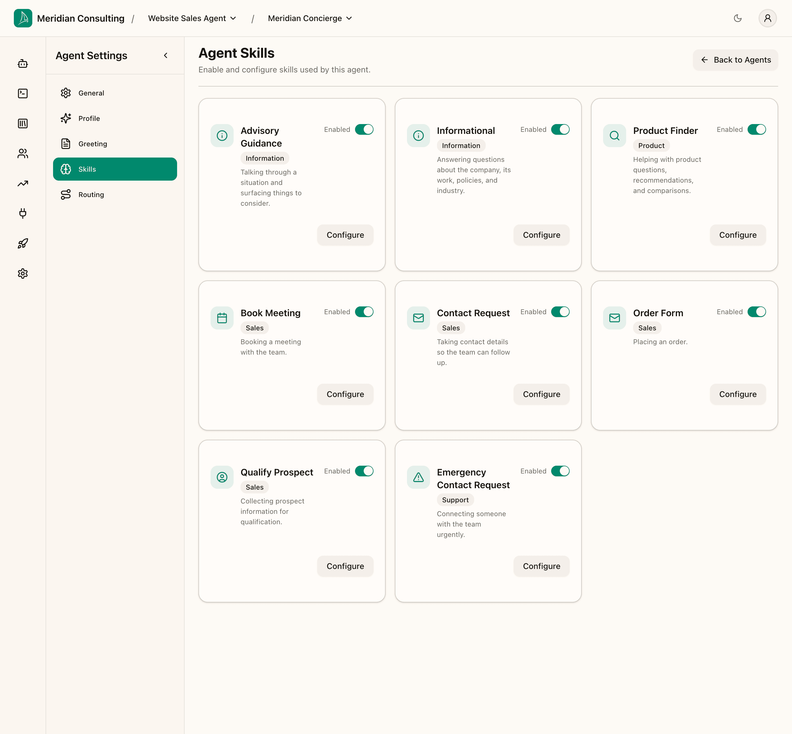 Skills list — all enabled by default