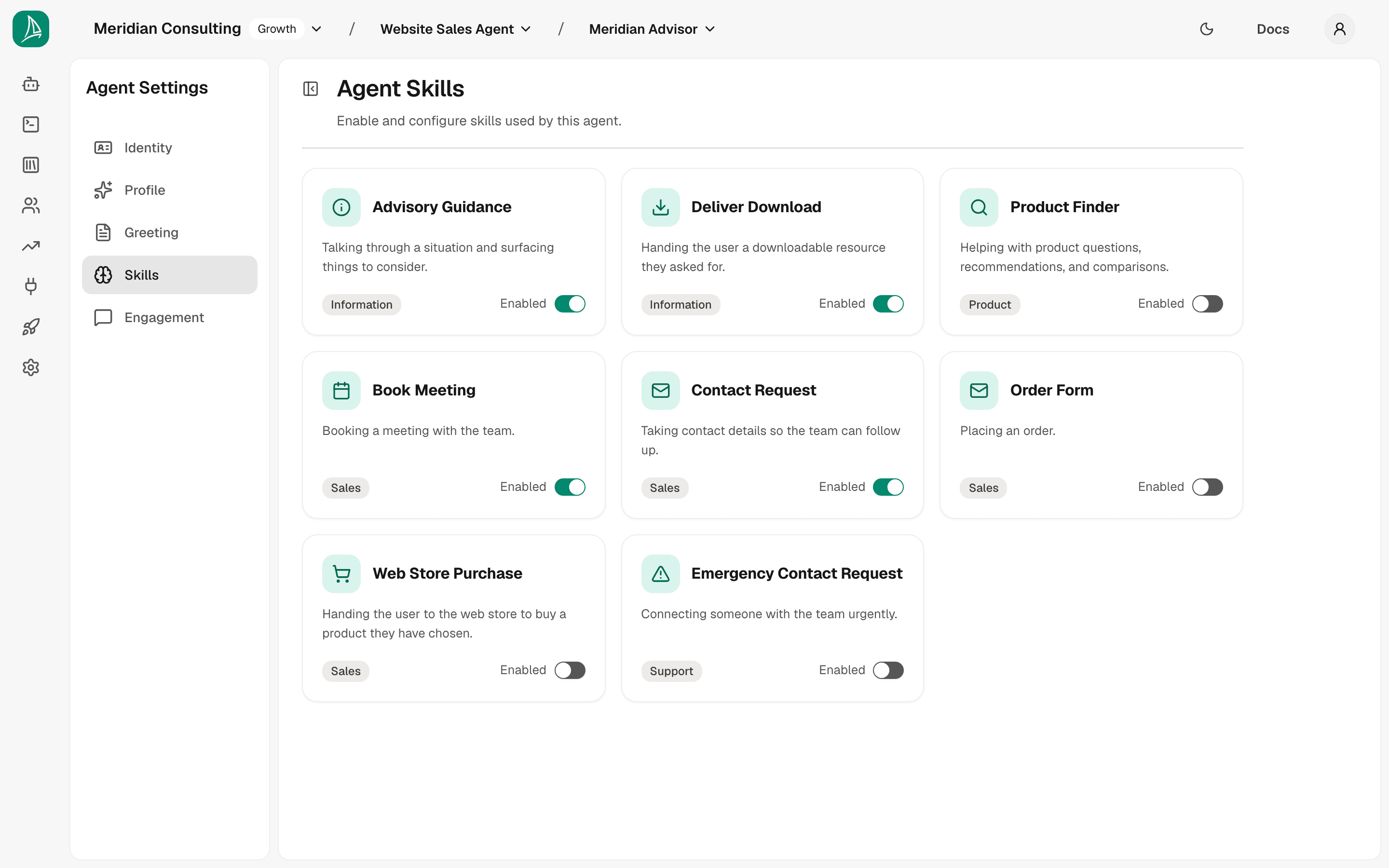 Skills list — all enabled by default