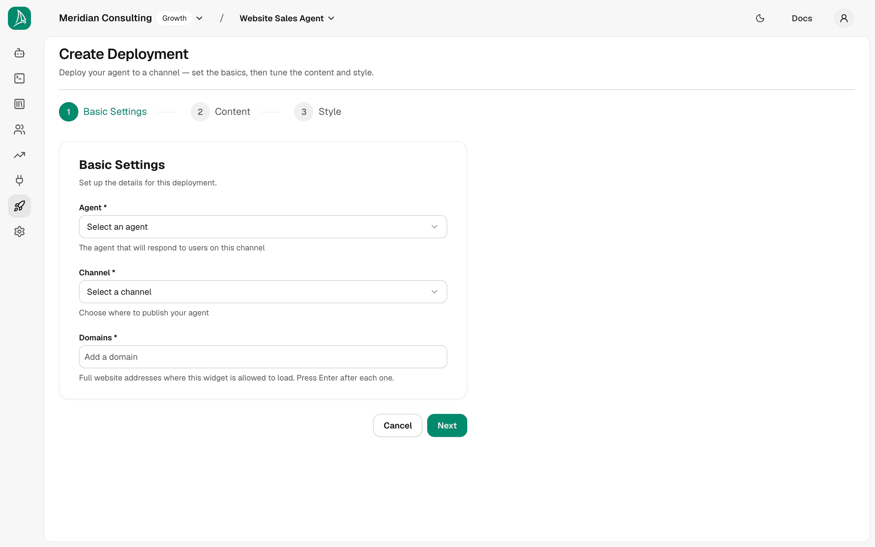 Create Deployment — Basic Settings, empty form