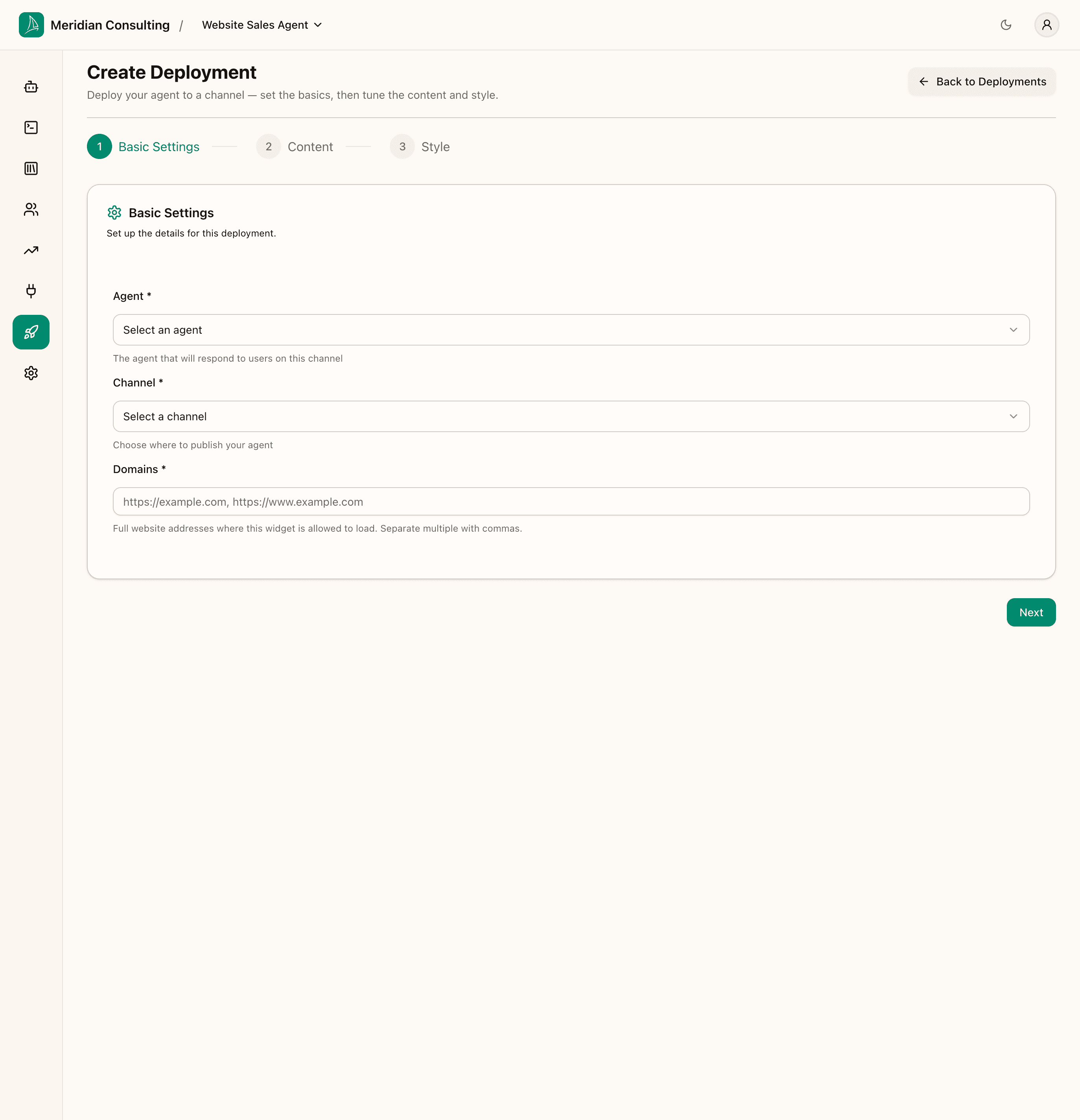 Create Deployment — Basic Settings, empty form