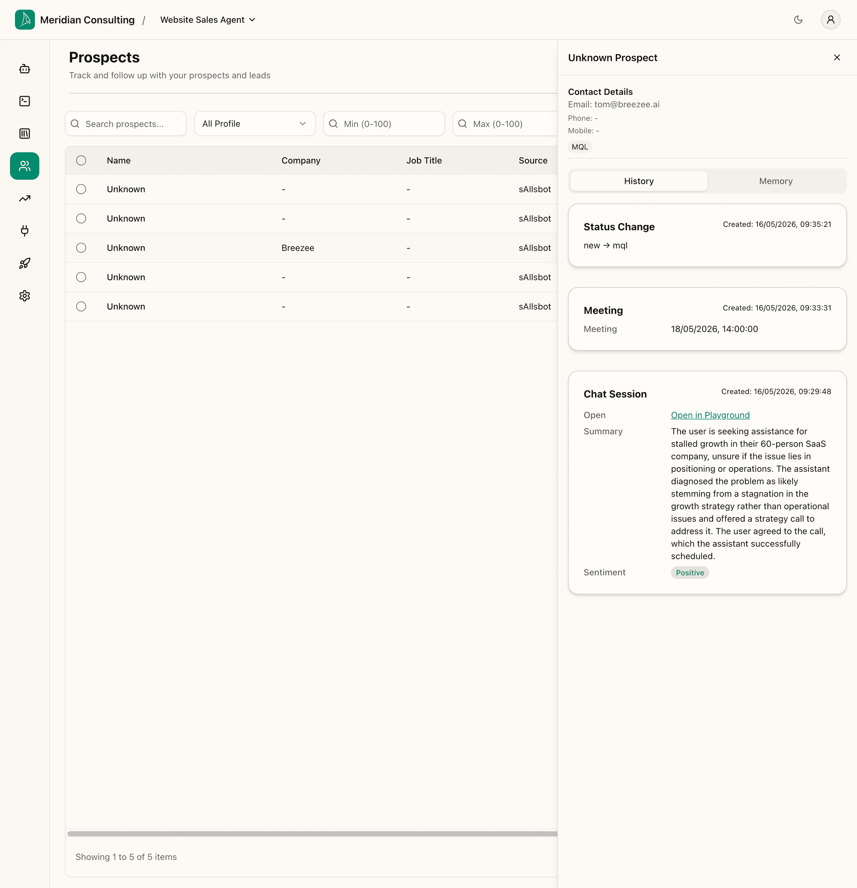 Prospect detail panel — History tab