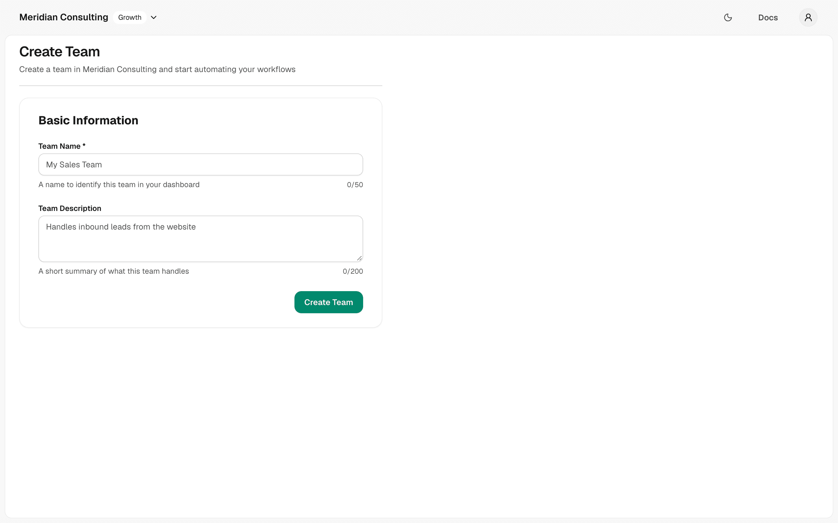 Create team — empty form