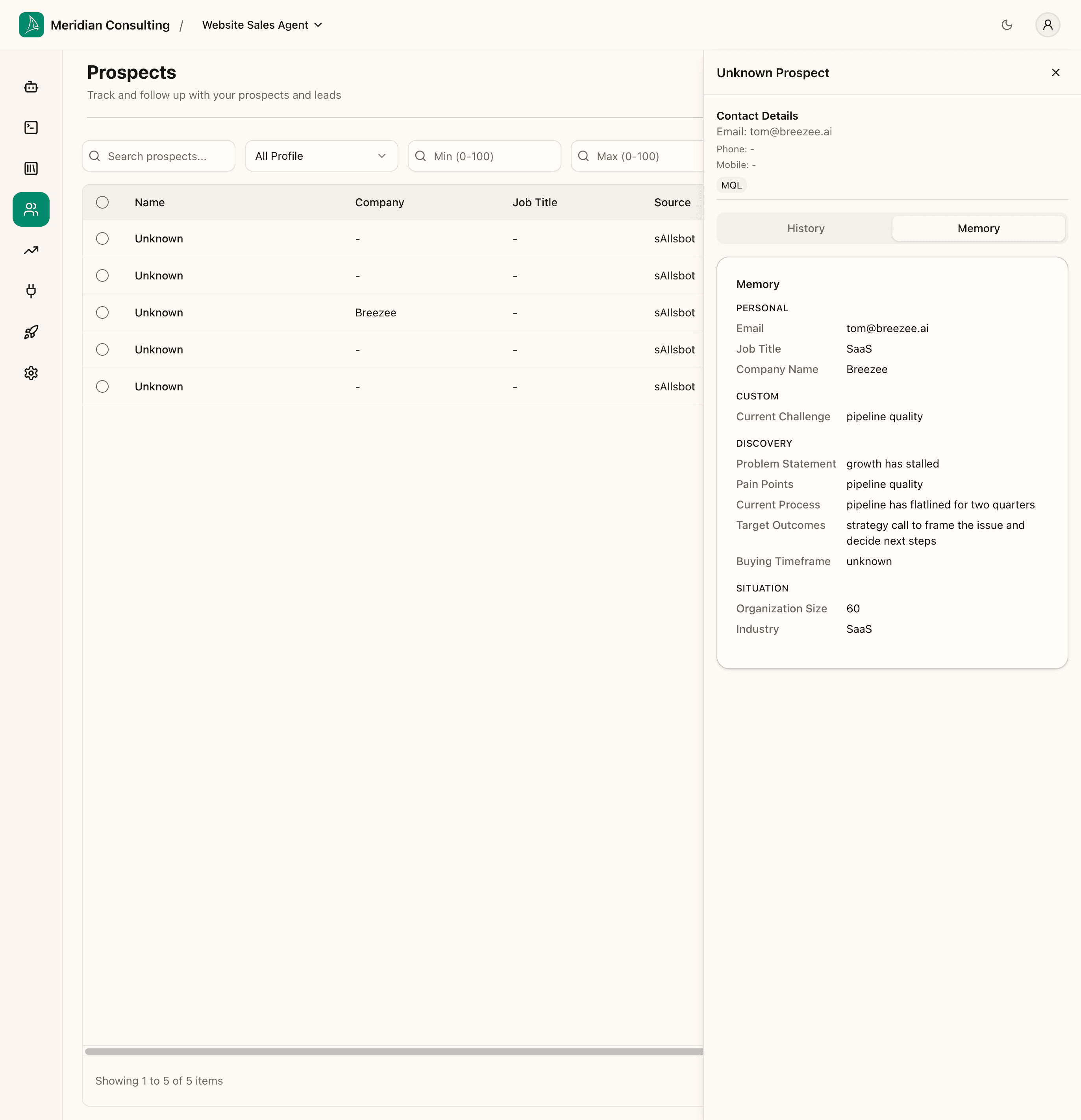 Prospect detail panel — Memory tab