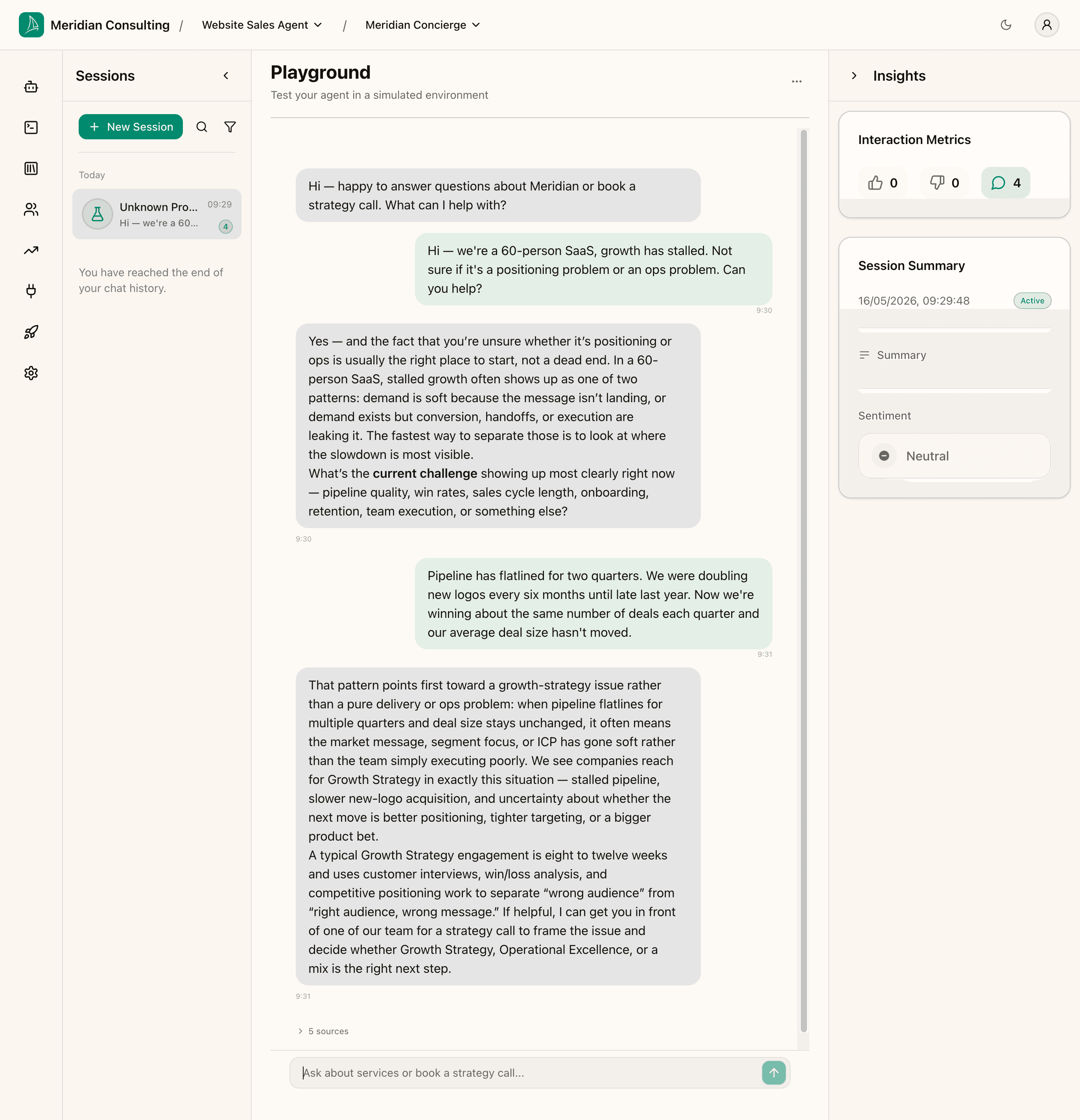 Second-turn reply — diagnoses Growth Strategy, offers strategy call