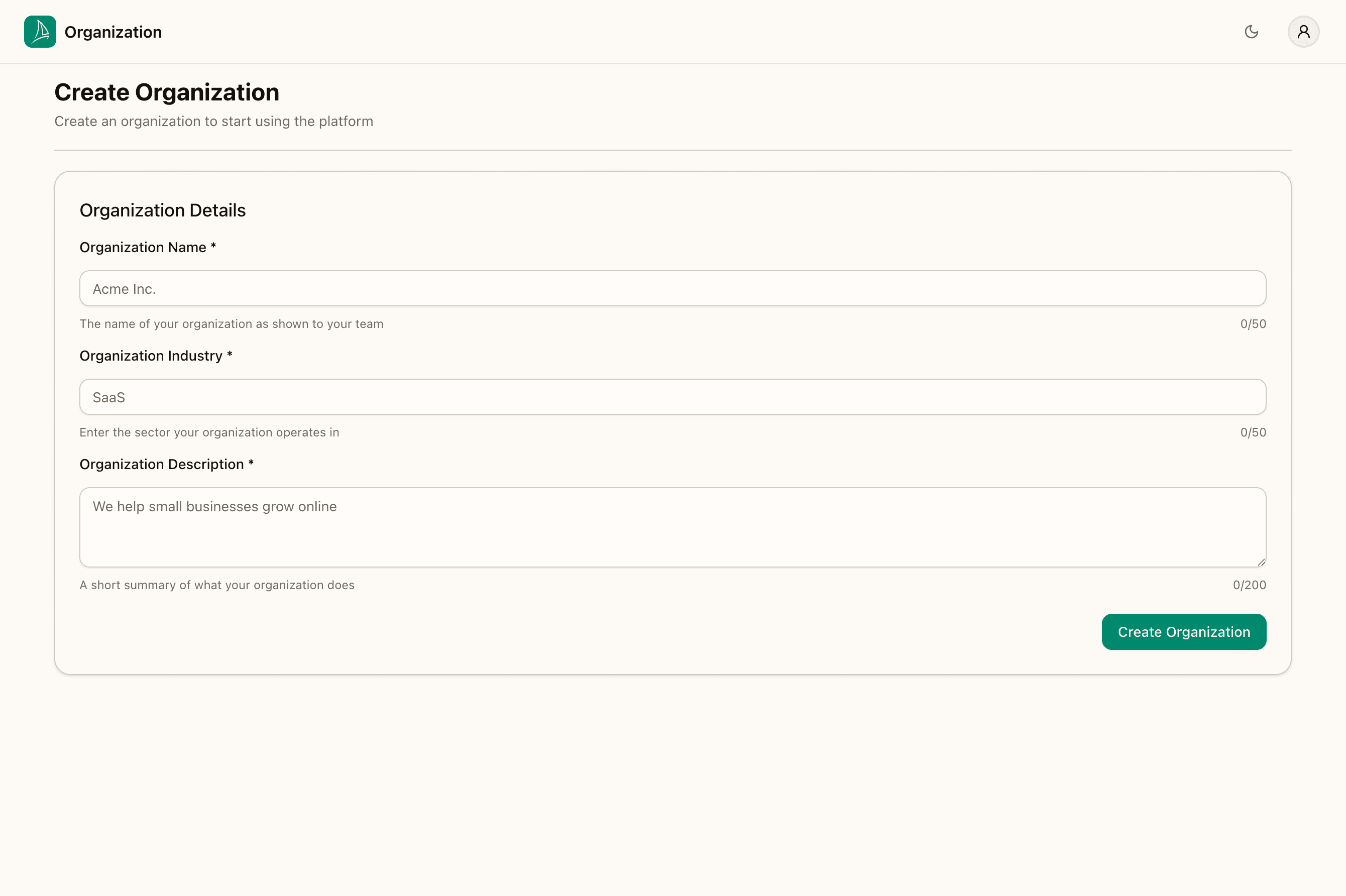 Create organisation — empty form