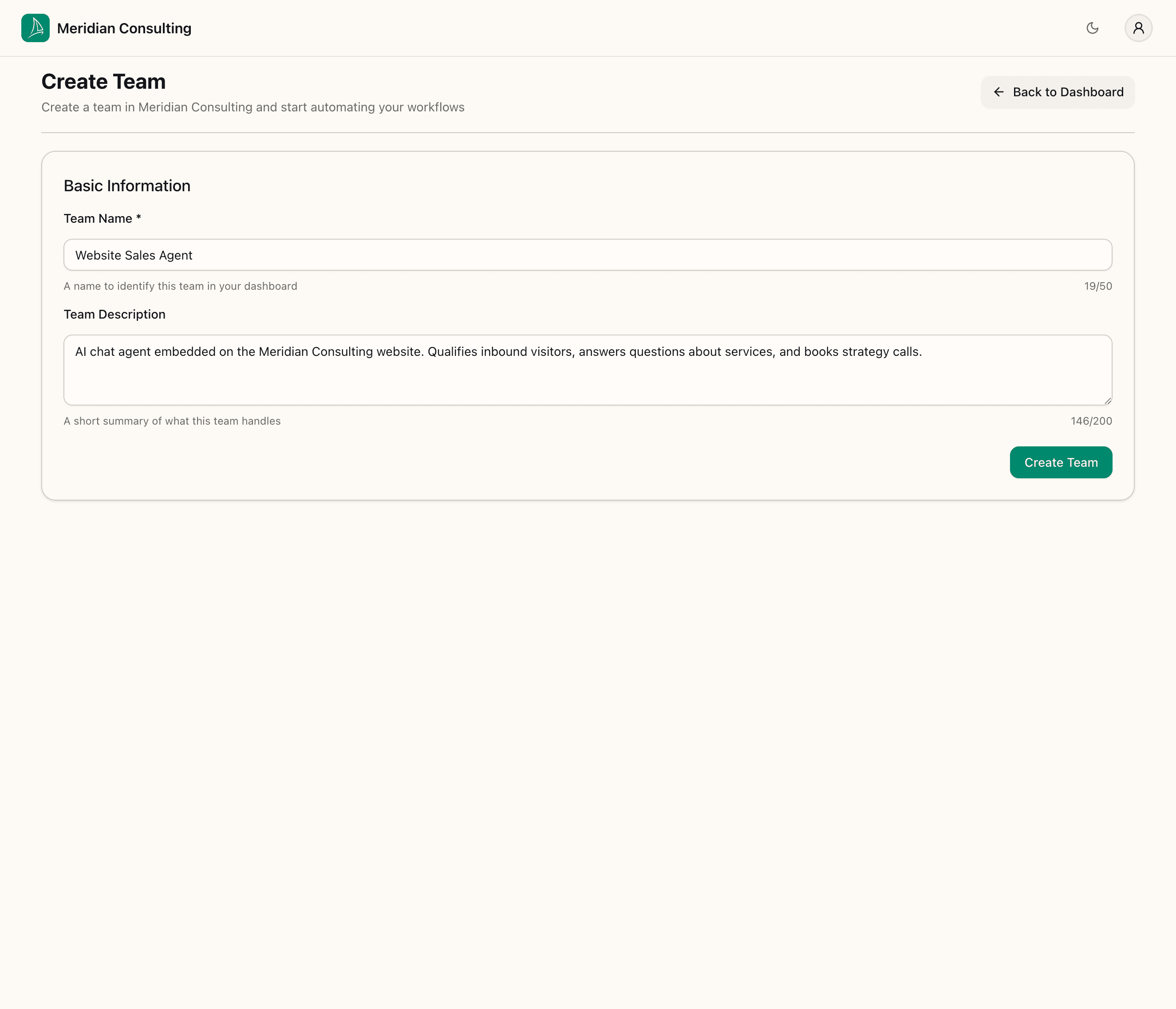 Create team — filled in