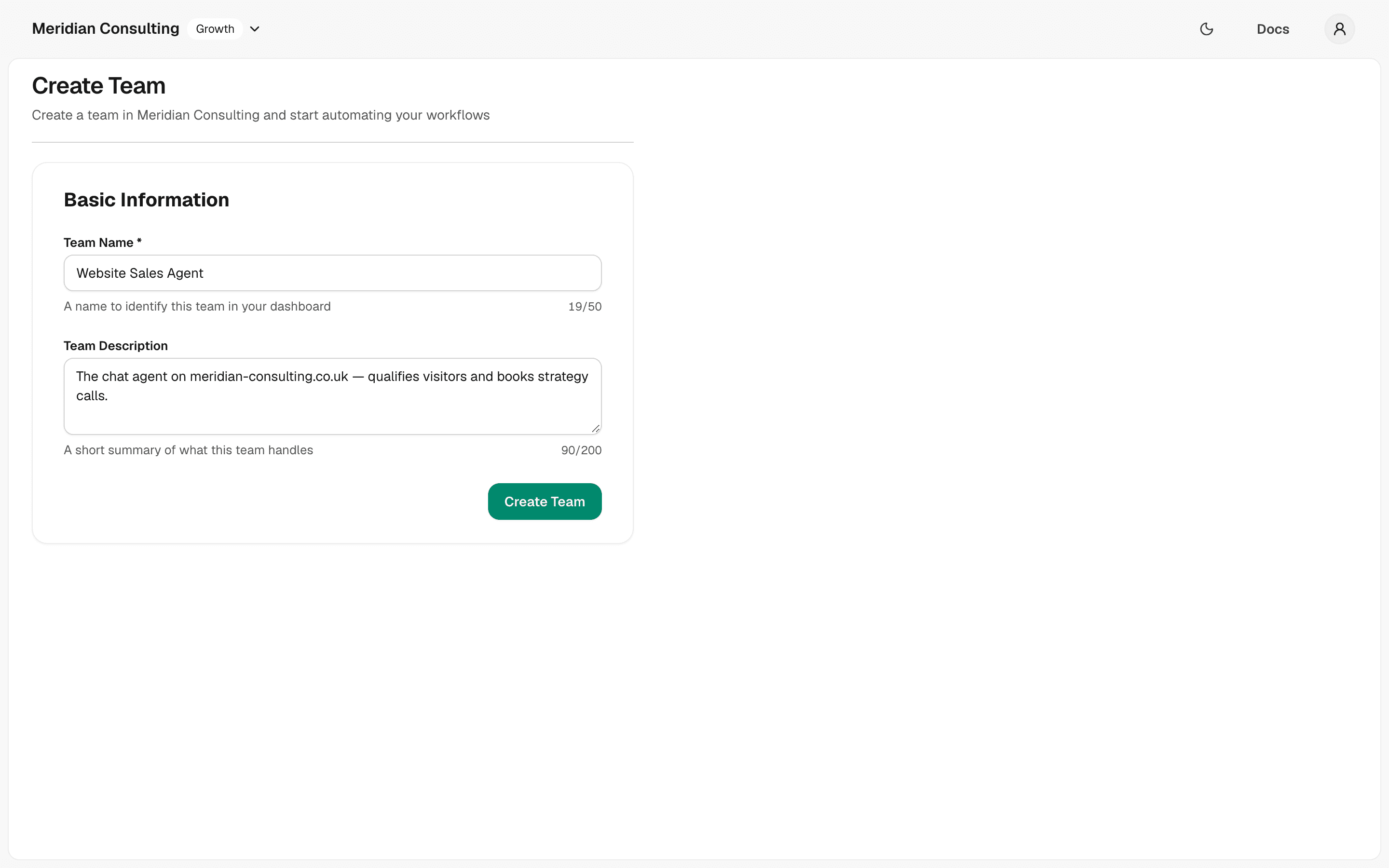 Create team — filled in