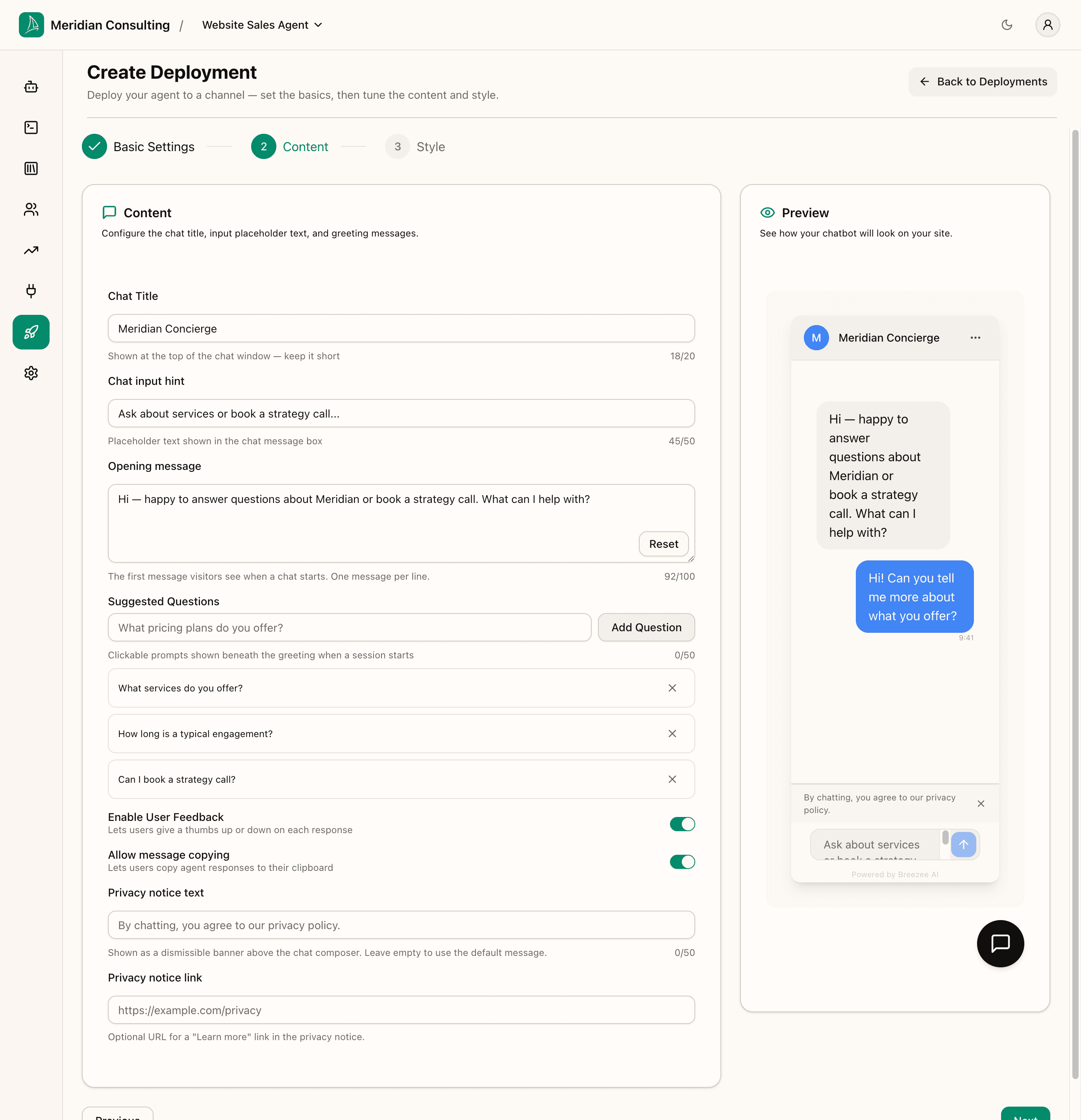 Content step — filled in