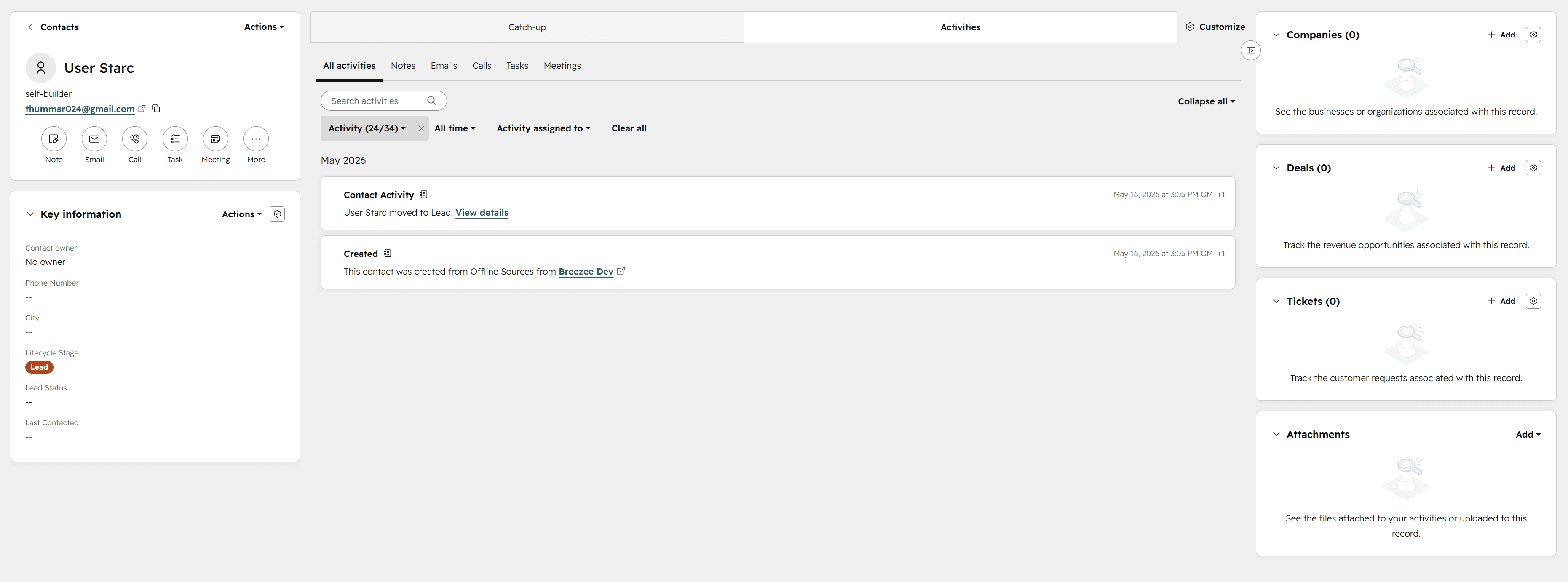 Contact activity timeline showing Breezee events