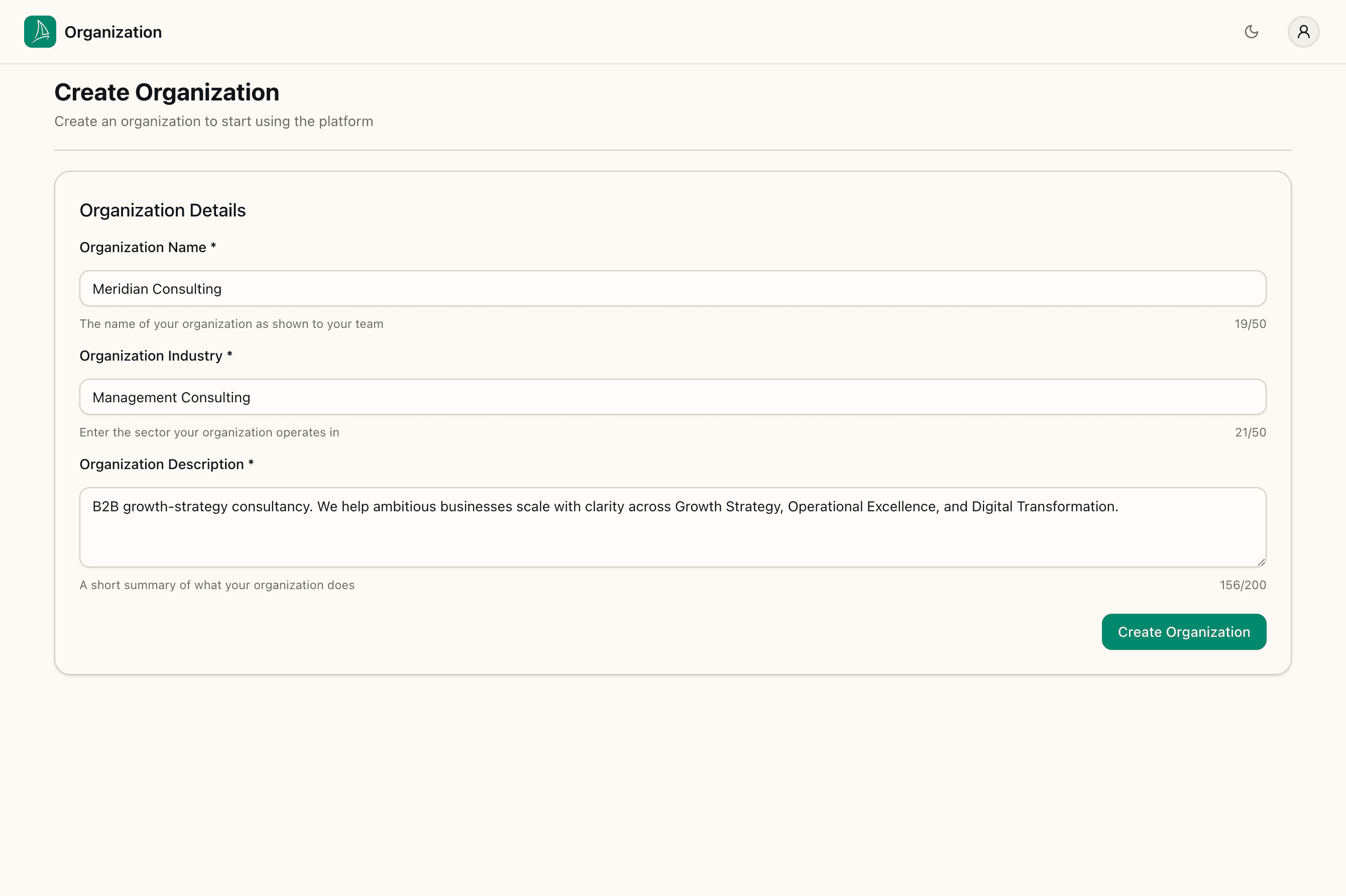 Create organisation — filled in