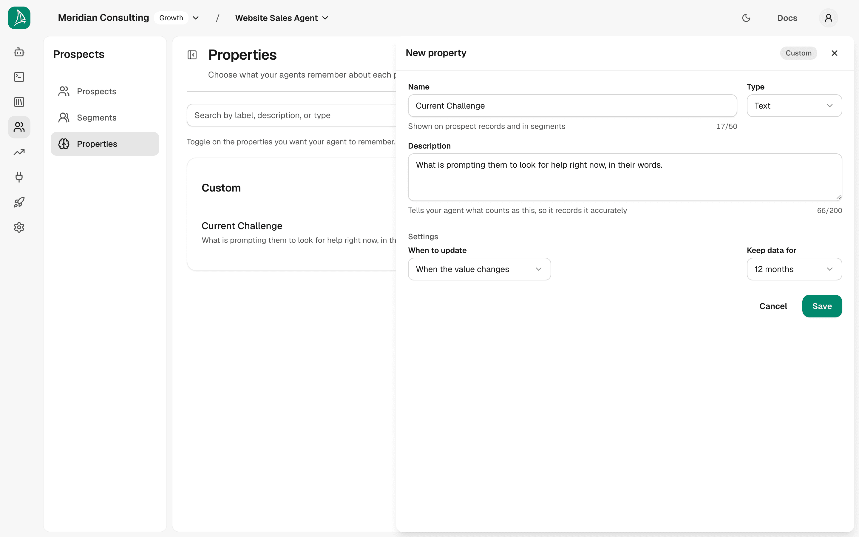 Custom property form — filled