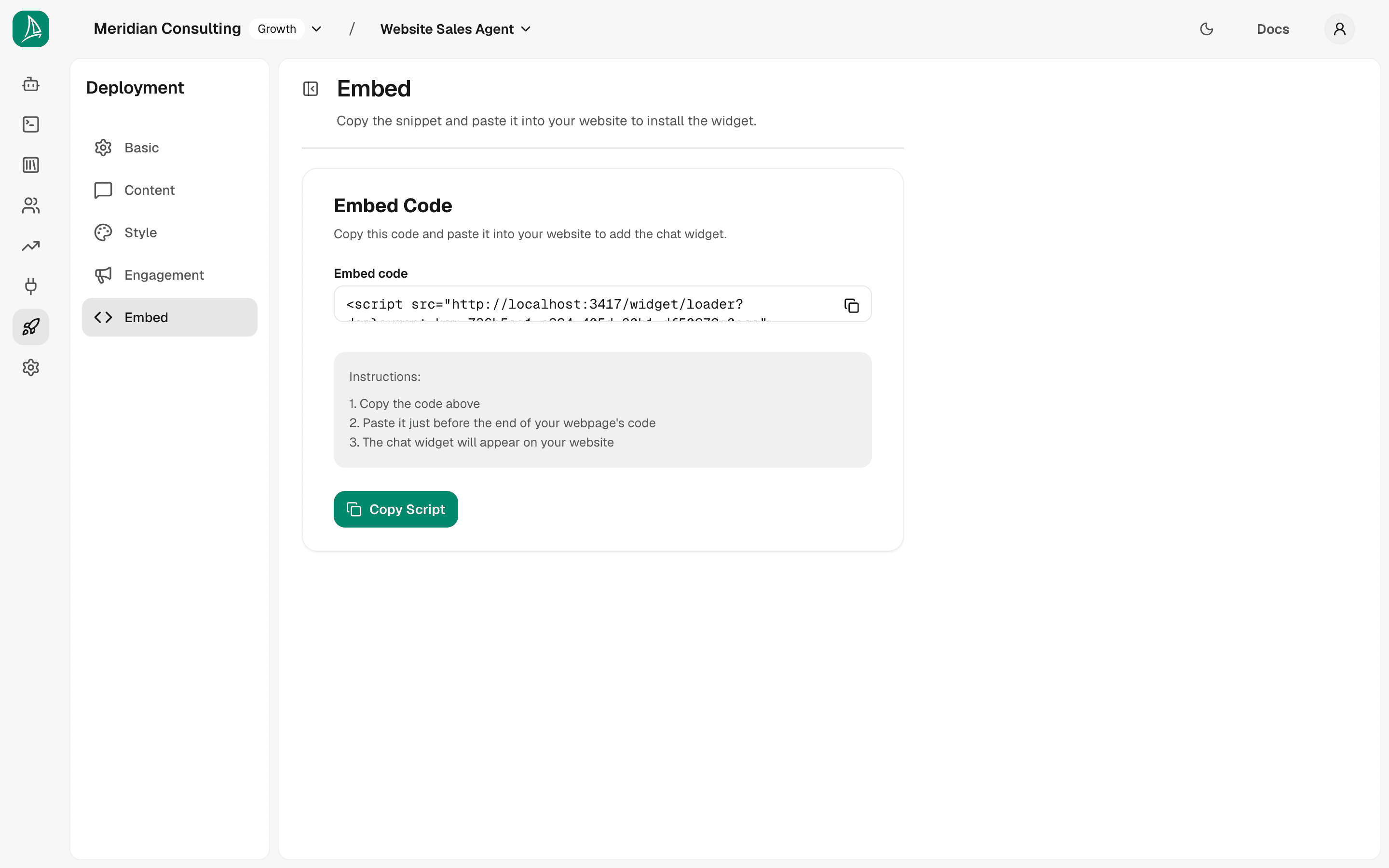 Embed page with copyable snippet