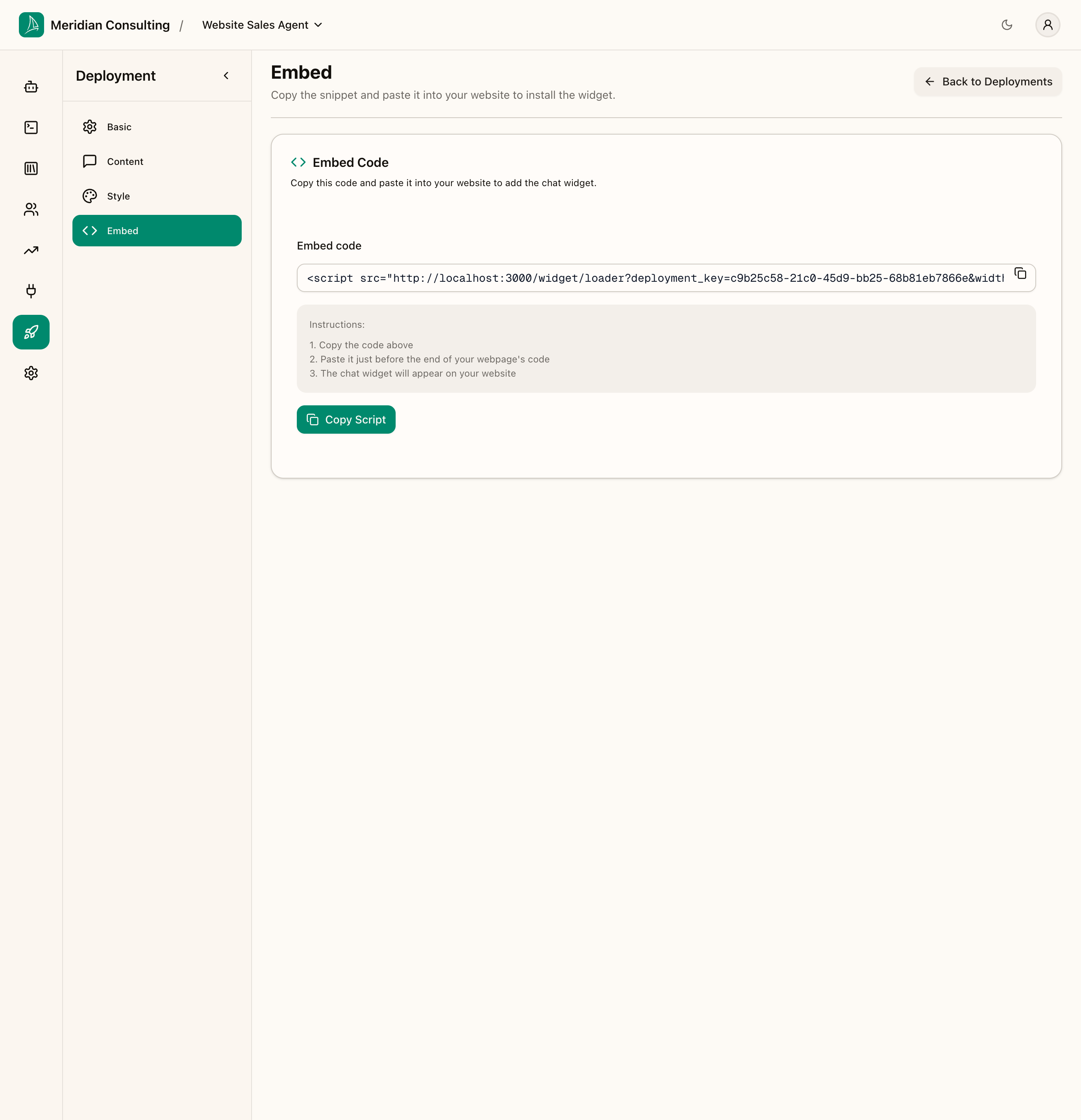 Embed page with copyable snippet