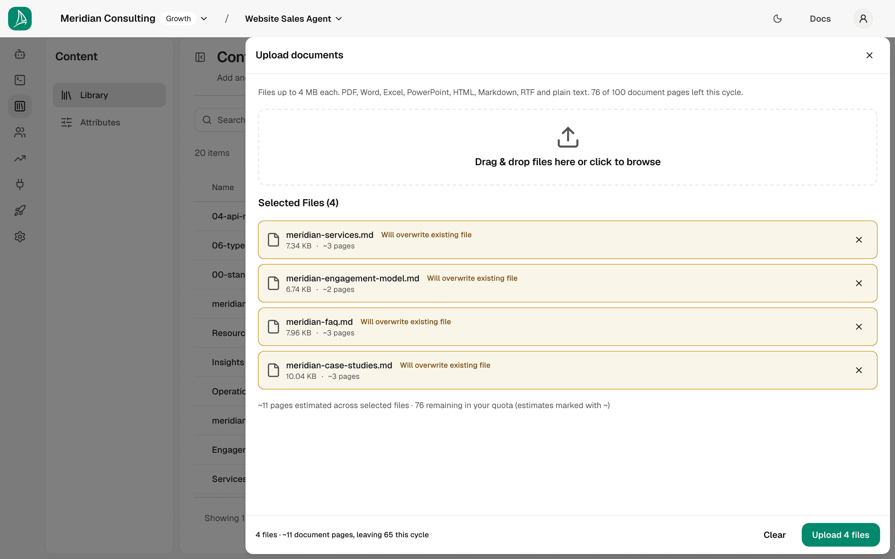 Upload documents — four files staged