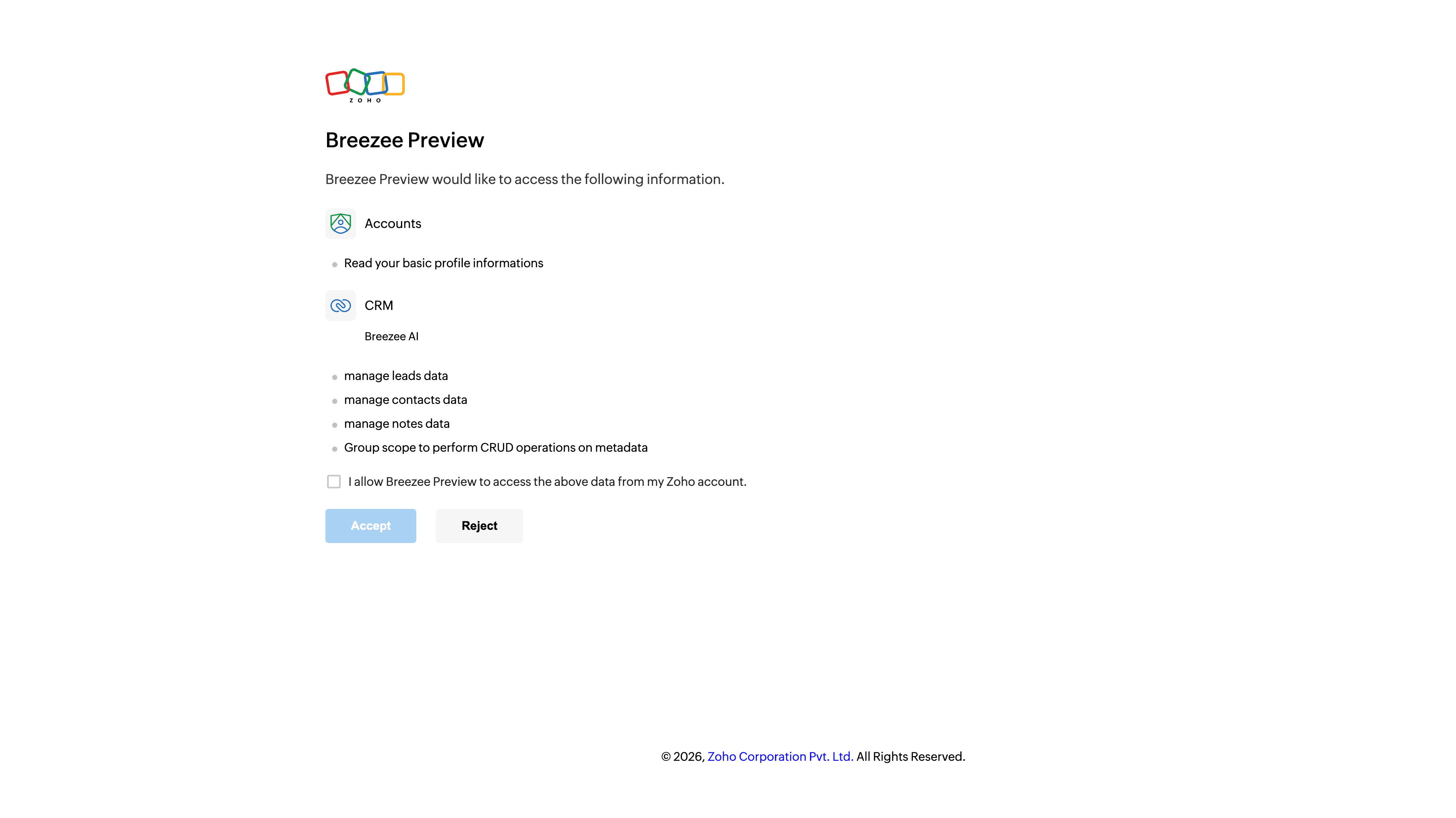 Zoho OAuth consent screen