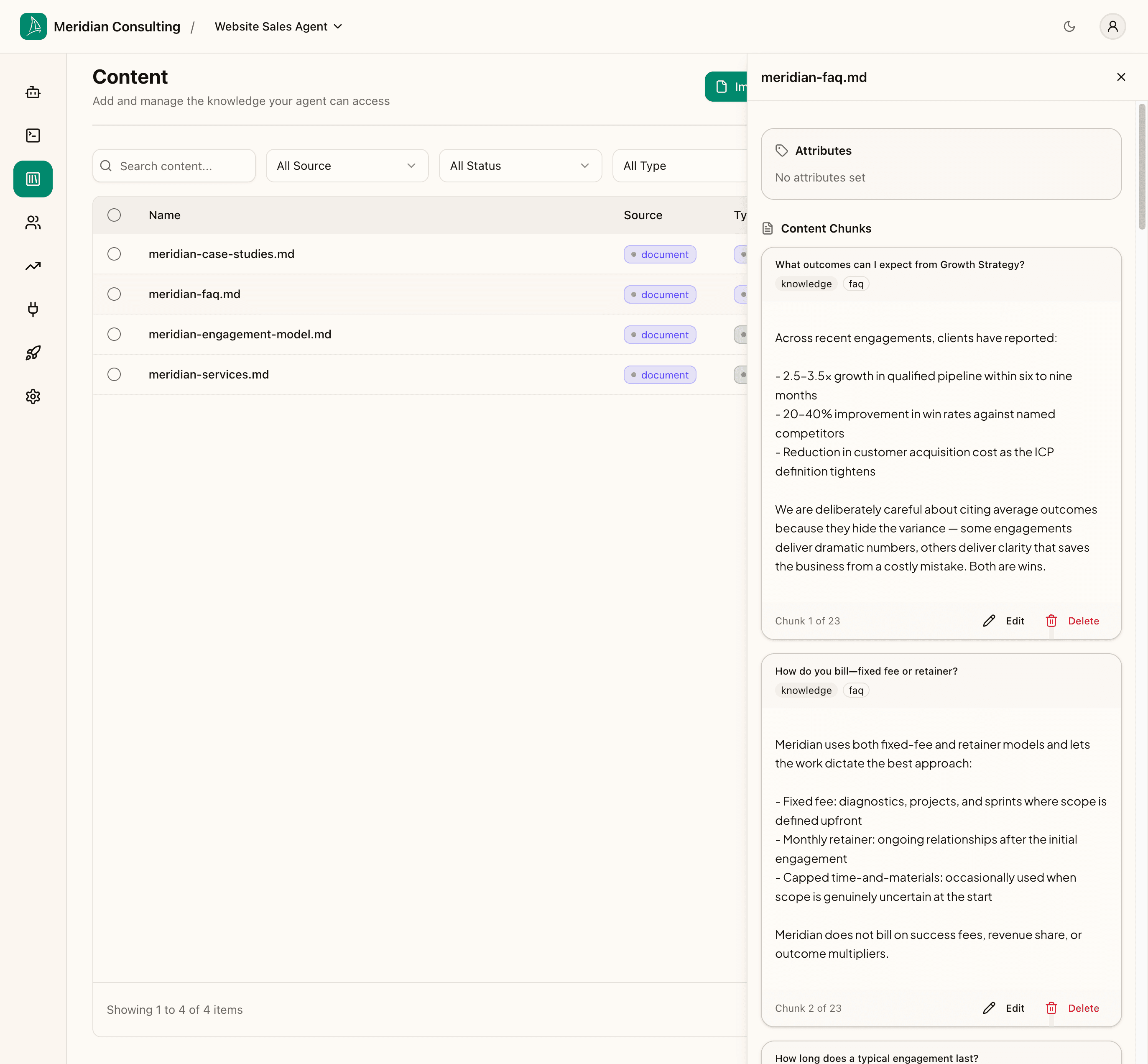 Content detail panel — FAQ chunks