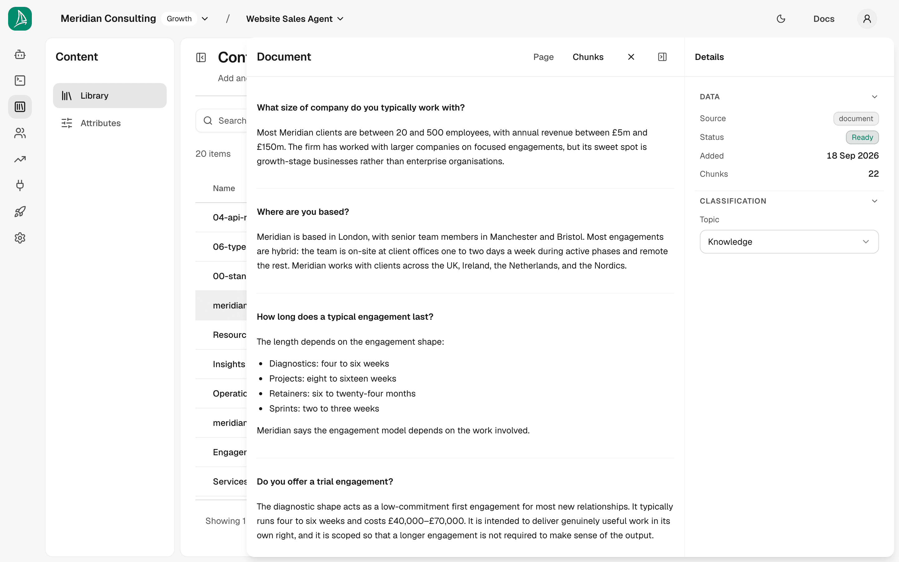 Content detail panel — FAQ chunks