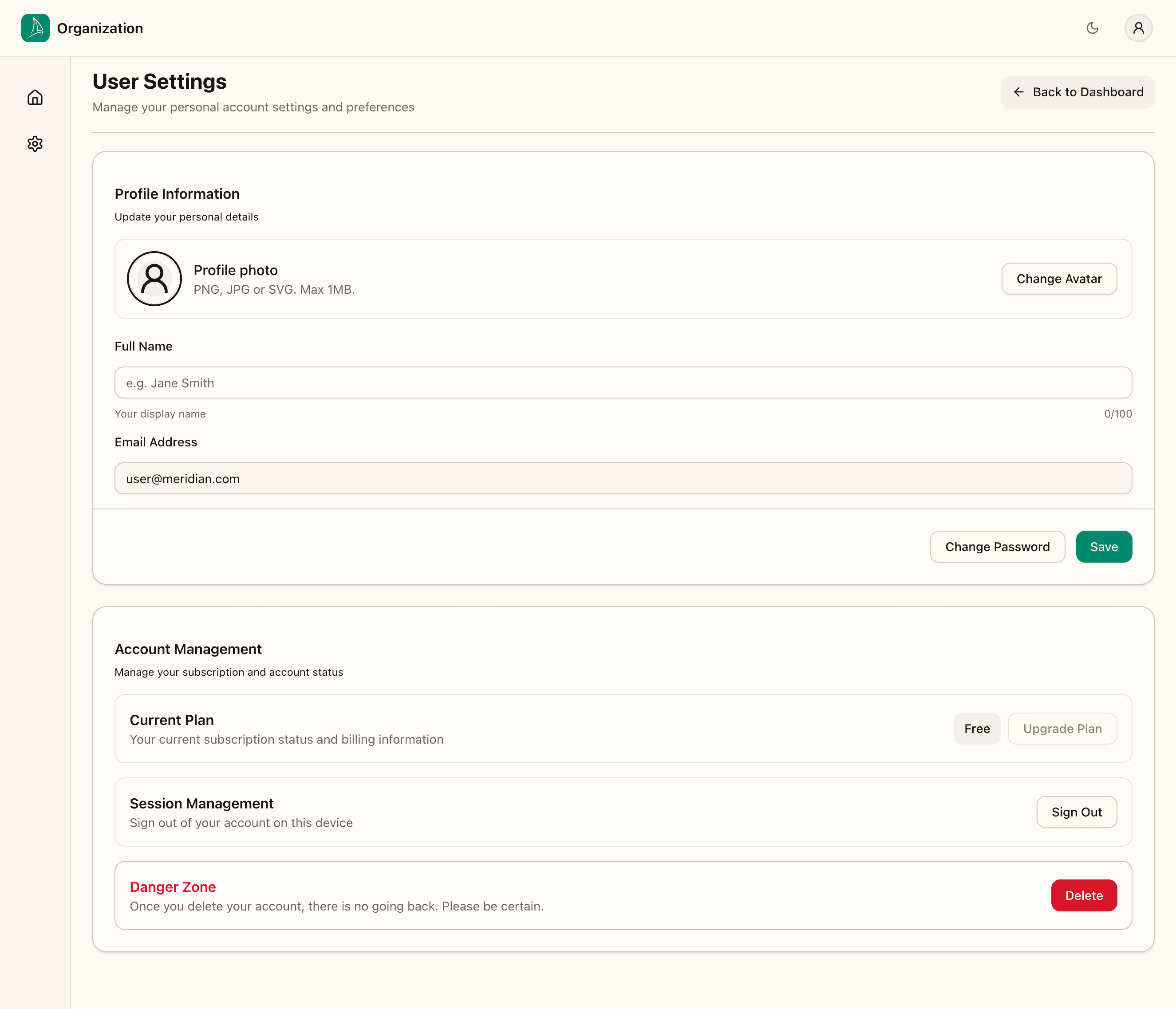 User settings — empty profile