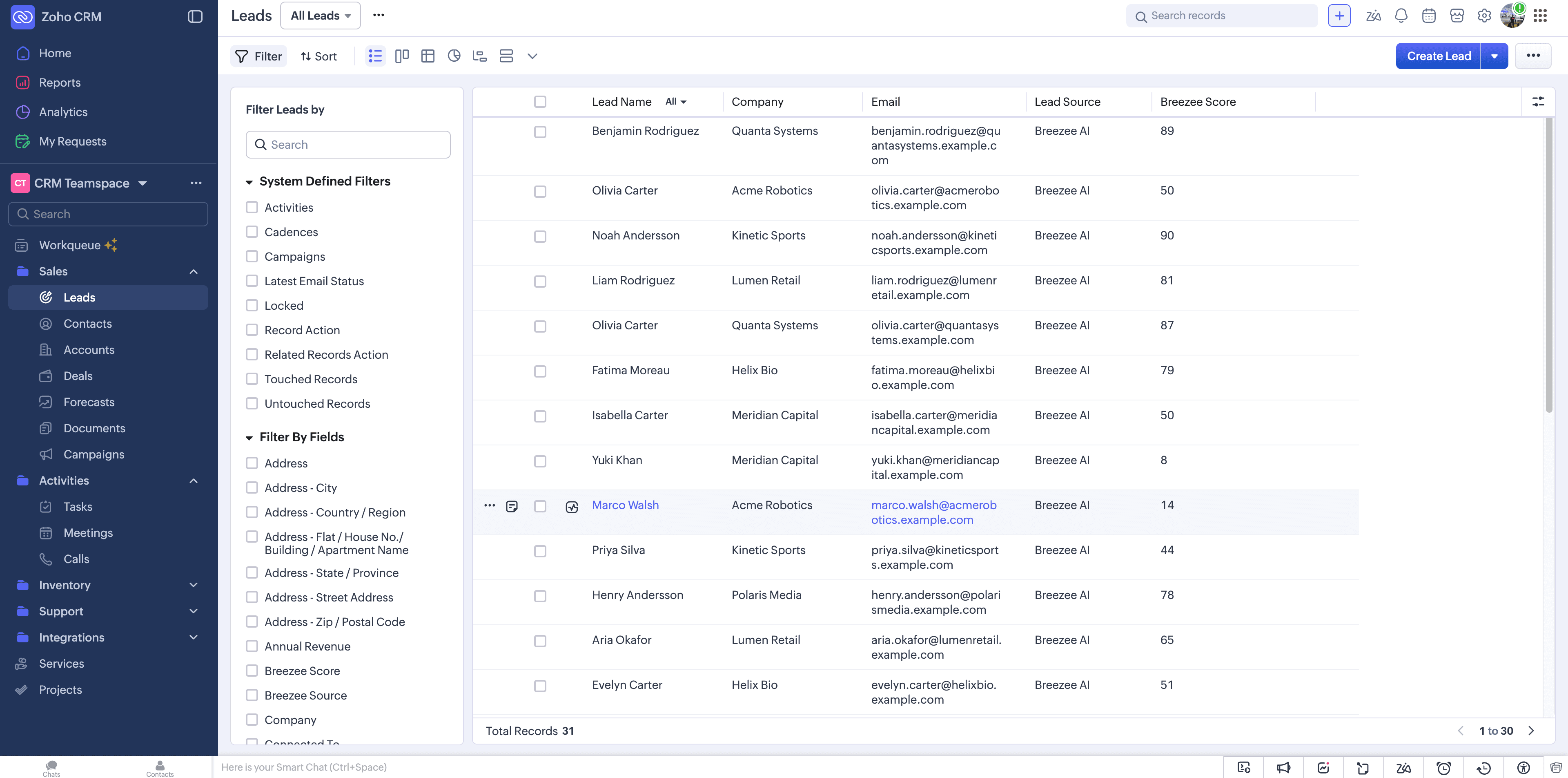Synced leads in Zoho with Breezee Score