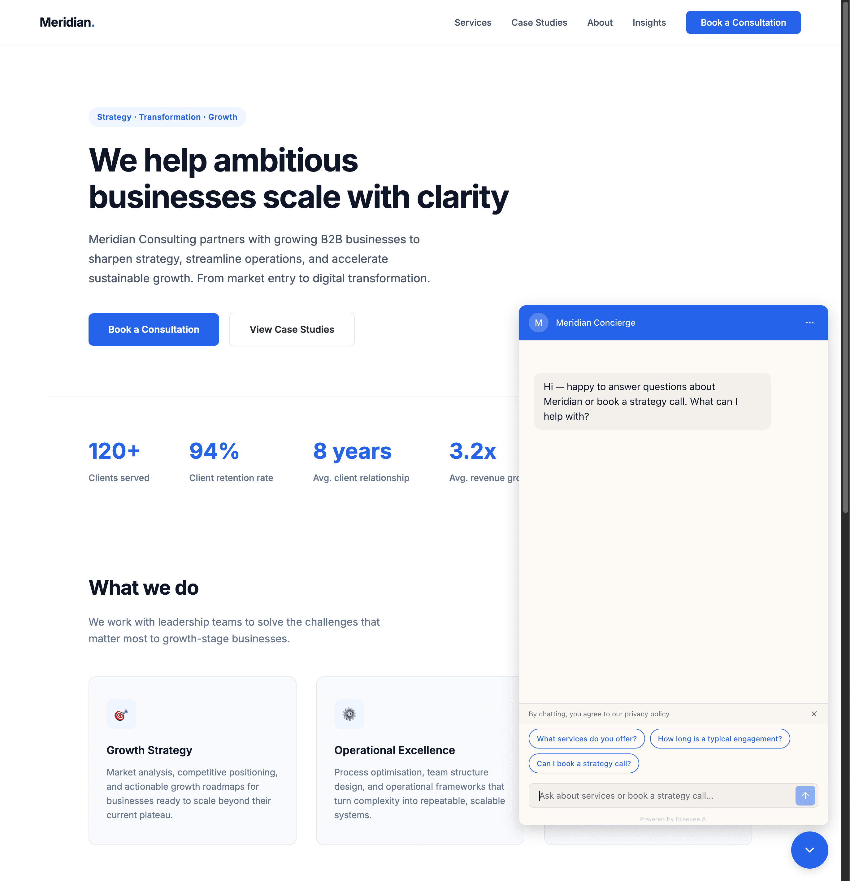 Demo site with widget open