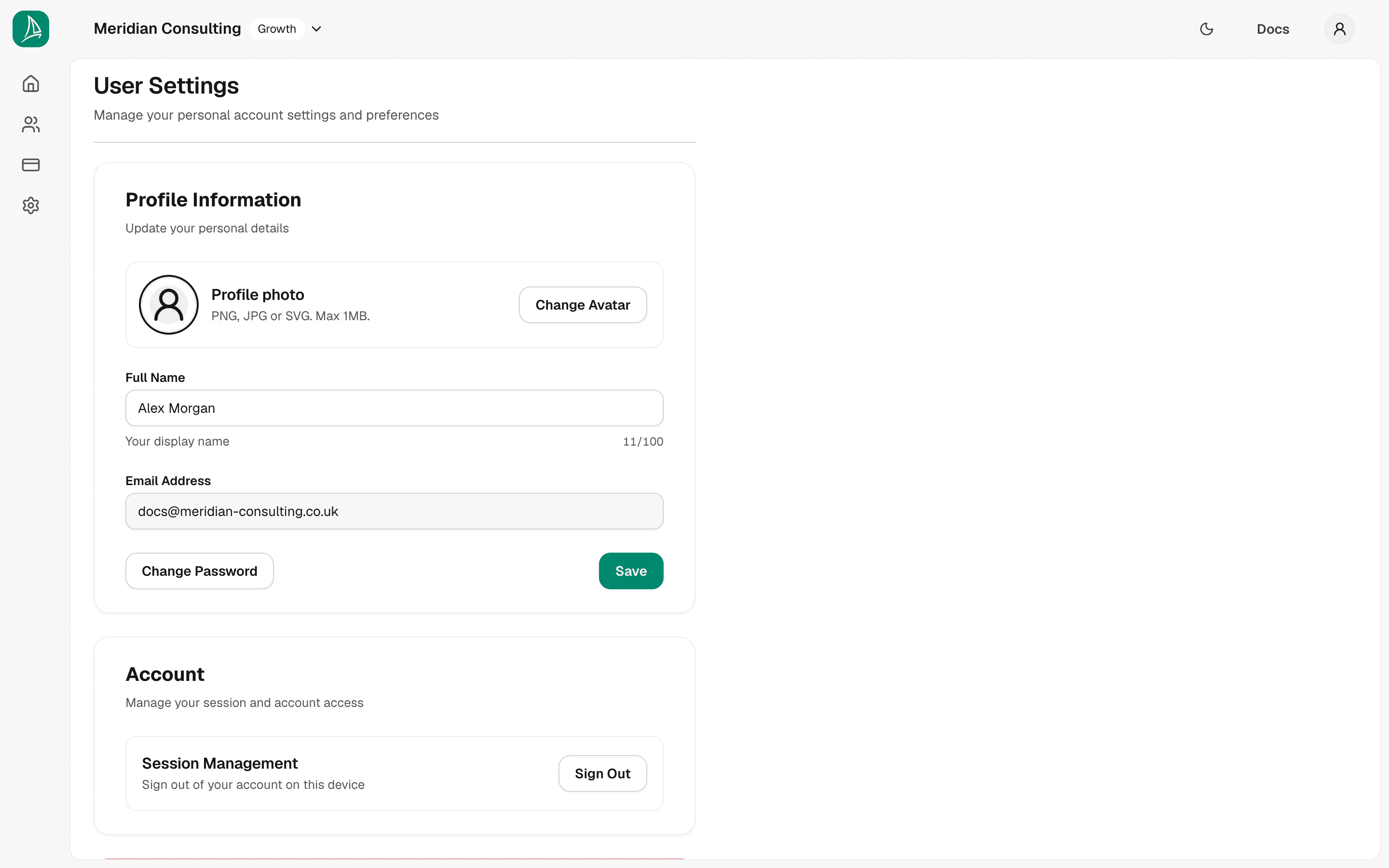 User settings — name filled in