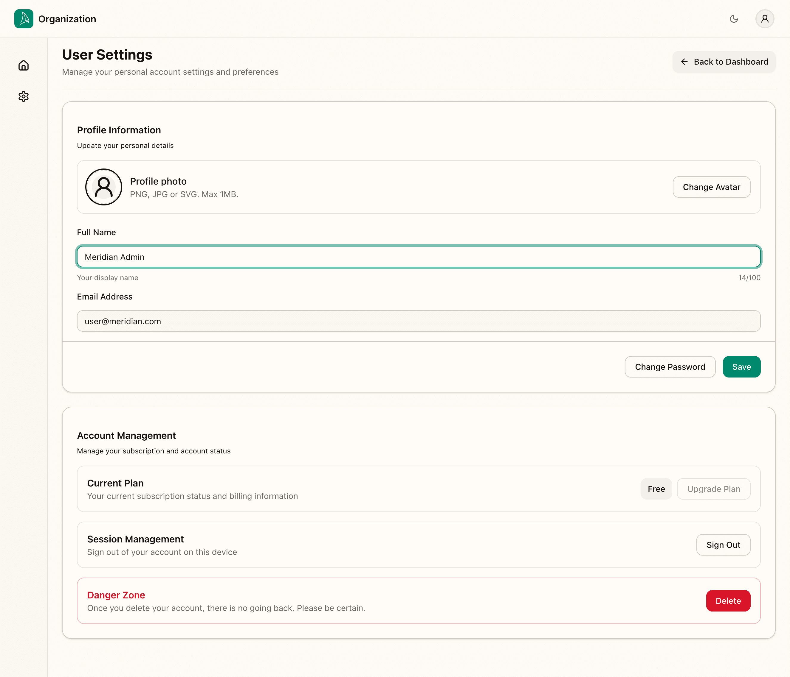 User settings — name filled in