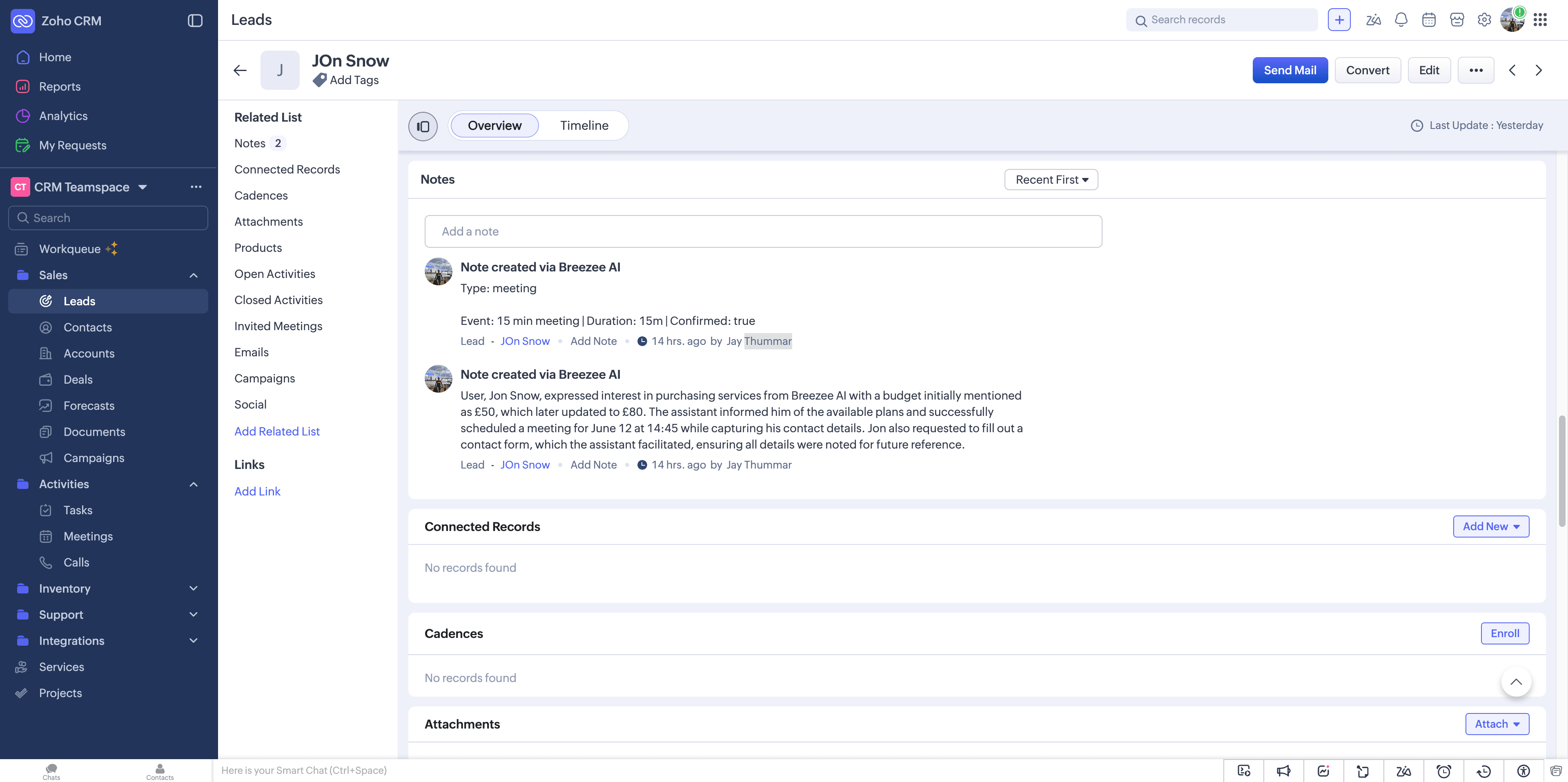 Notes synced onto a Zoho Lead