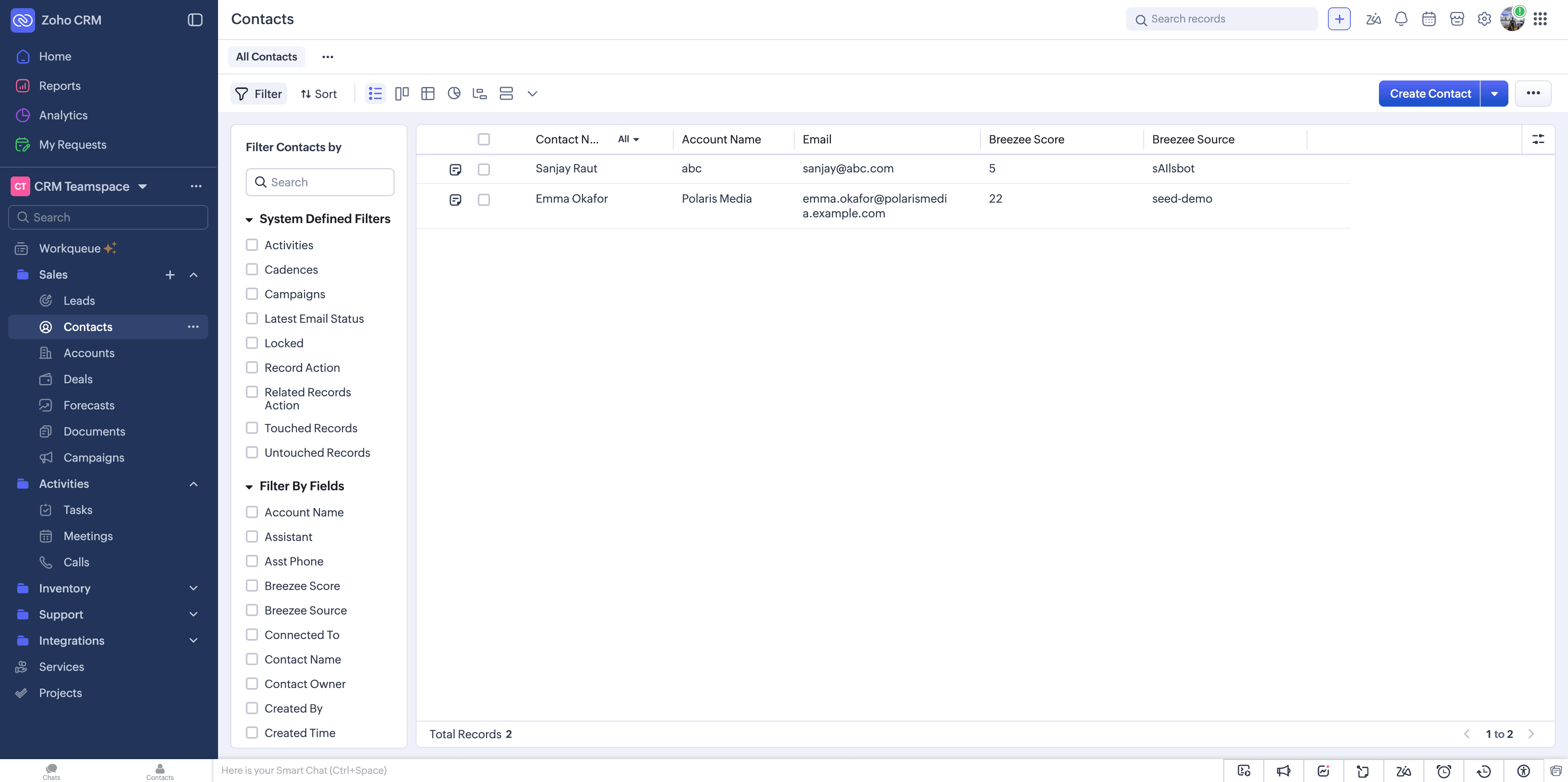 Breezee fields on Zoho Contacts