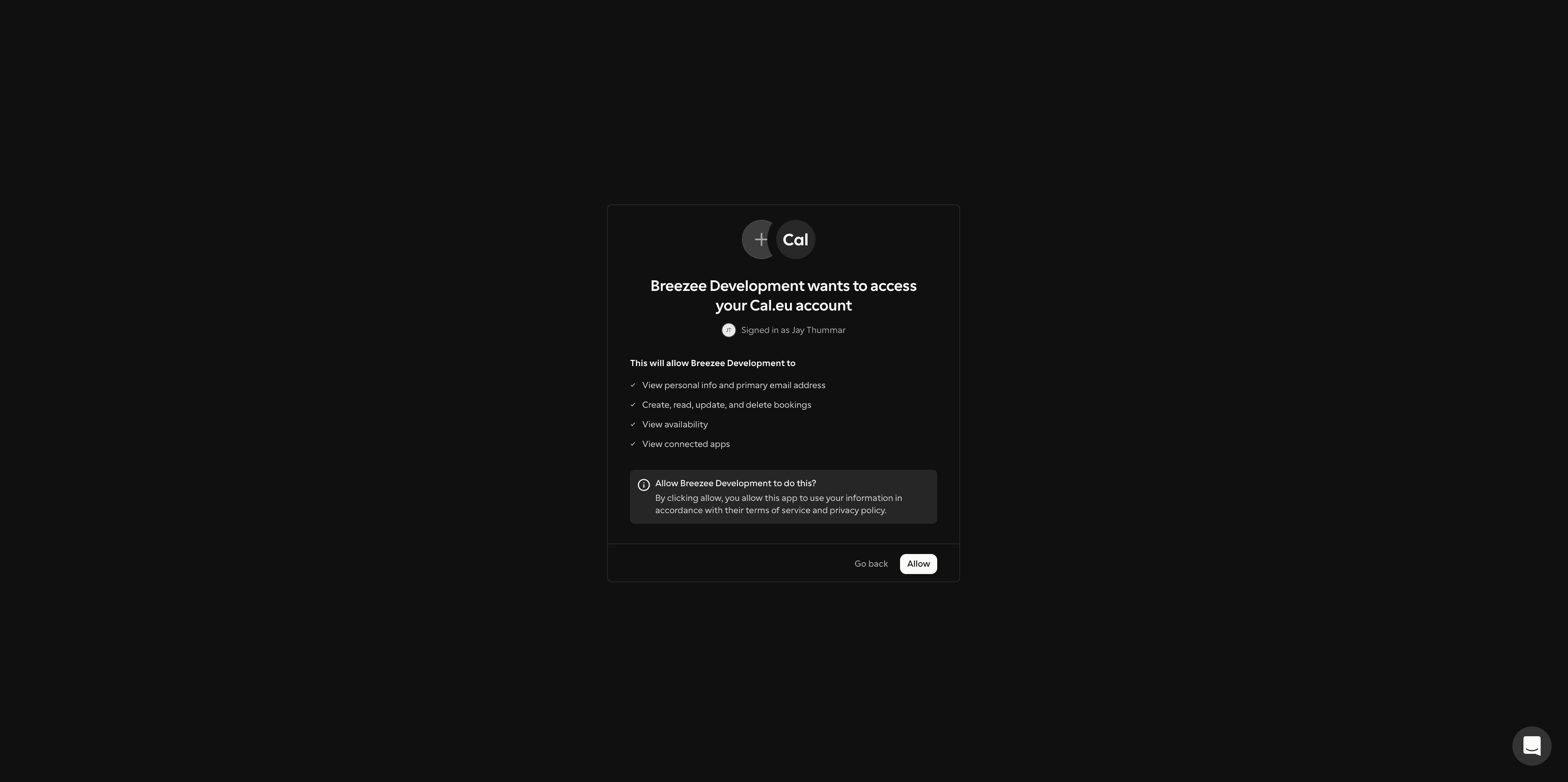Cal.com OAuth consent screen