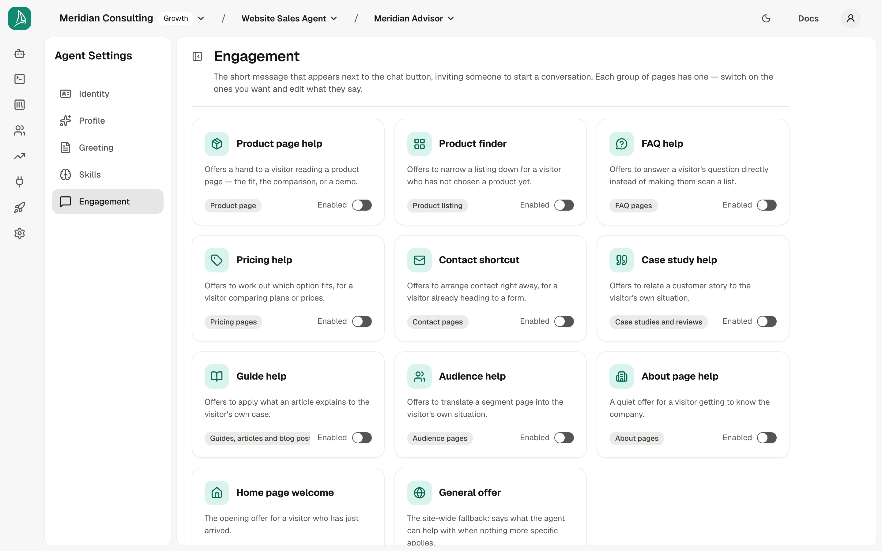 The agent's Engagement tab — one card per page type