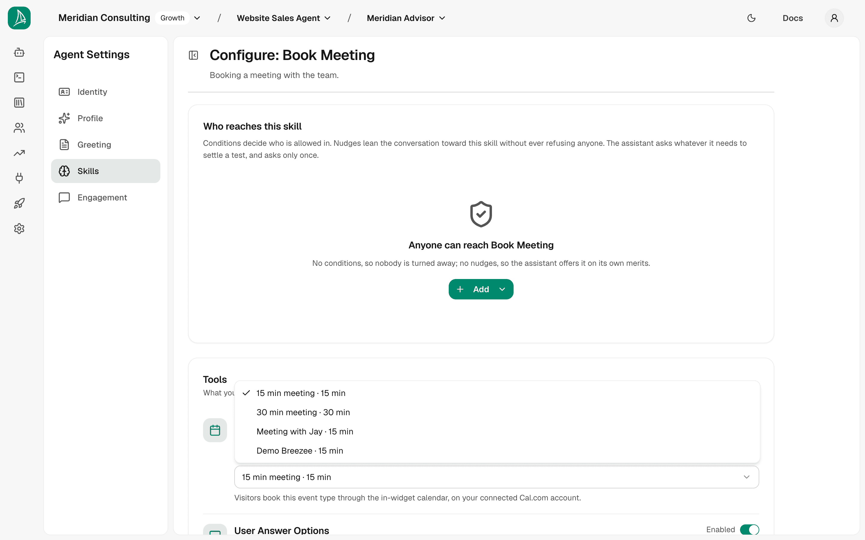 Book-meeting skill — your connected Cal event types appear in the dropdown