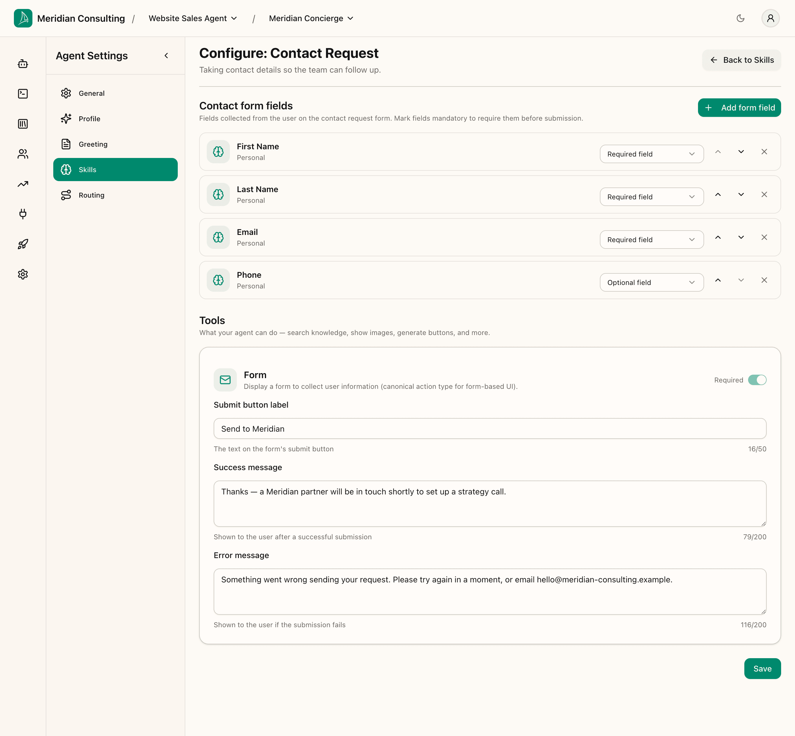 Contact Request — customised form copy