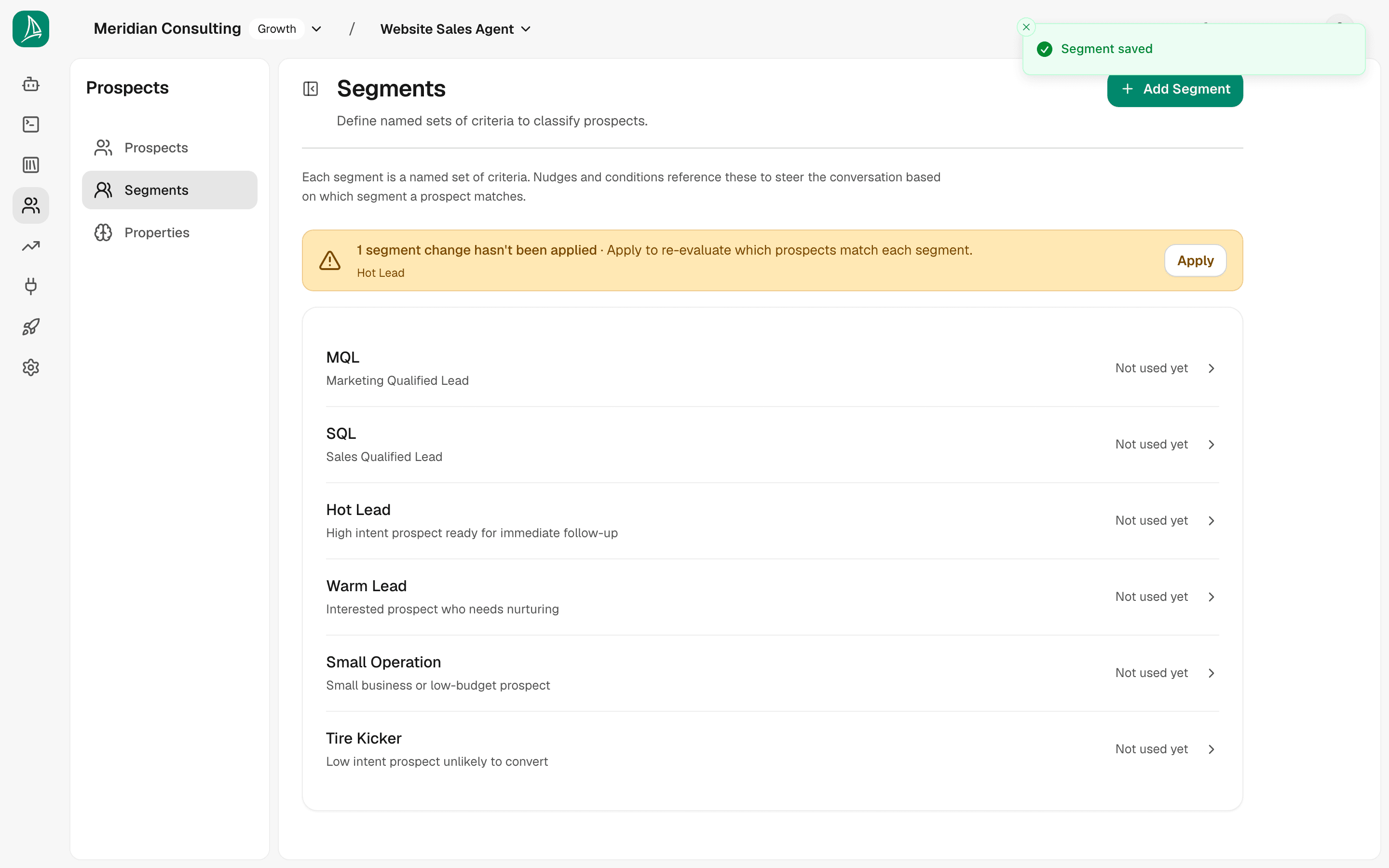 Segments list — a saved change waiting to be applied